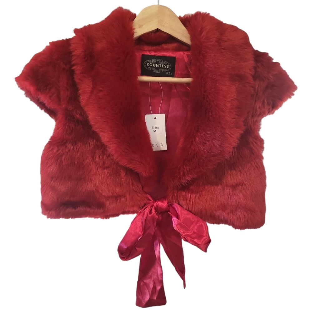 Countess USA faux fur crop jacket red pink satin bow vibrant playful